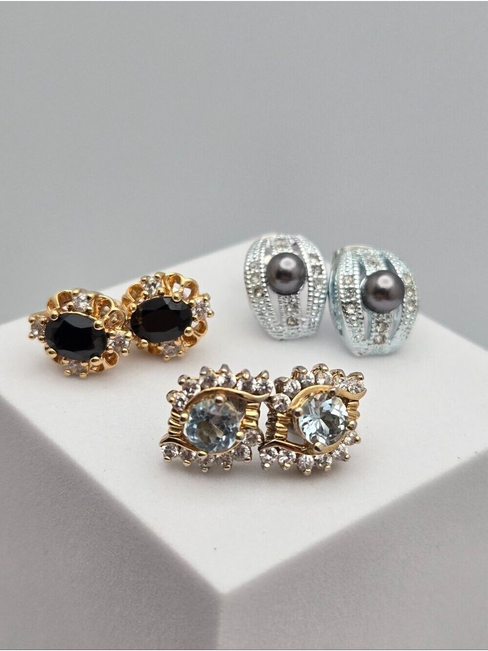 3 Pair Stud Earring Set Black Floral Black Pearl & Blue Stone Gold Tone New